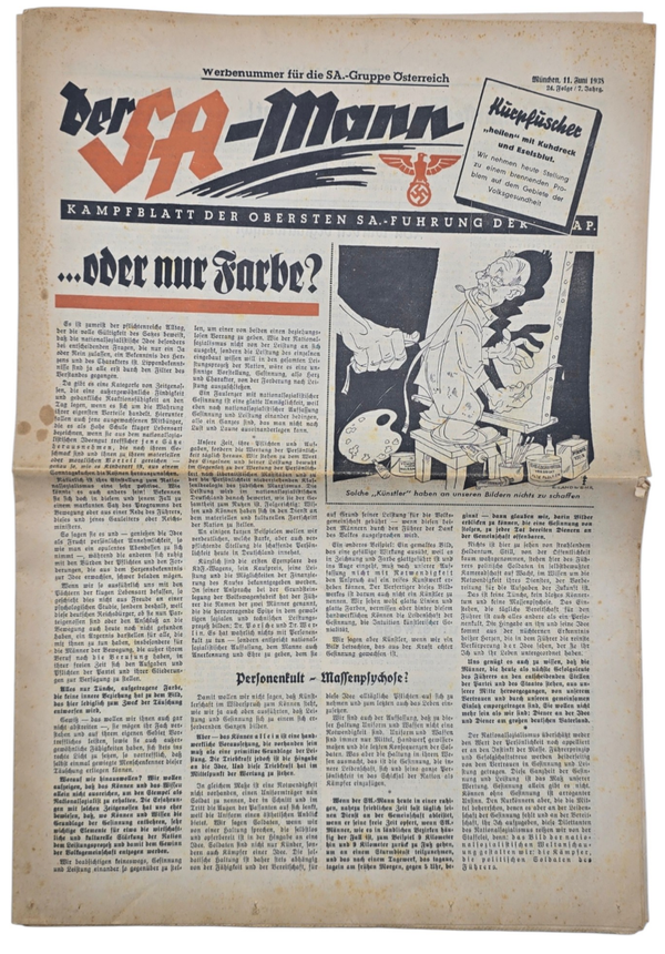 Original WW2 German Newspaper - Der SA Mann 7th year no 24, Werbenummer SA Gruppe Österreich (1938)