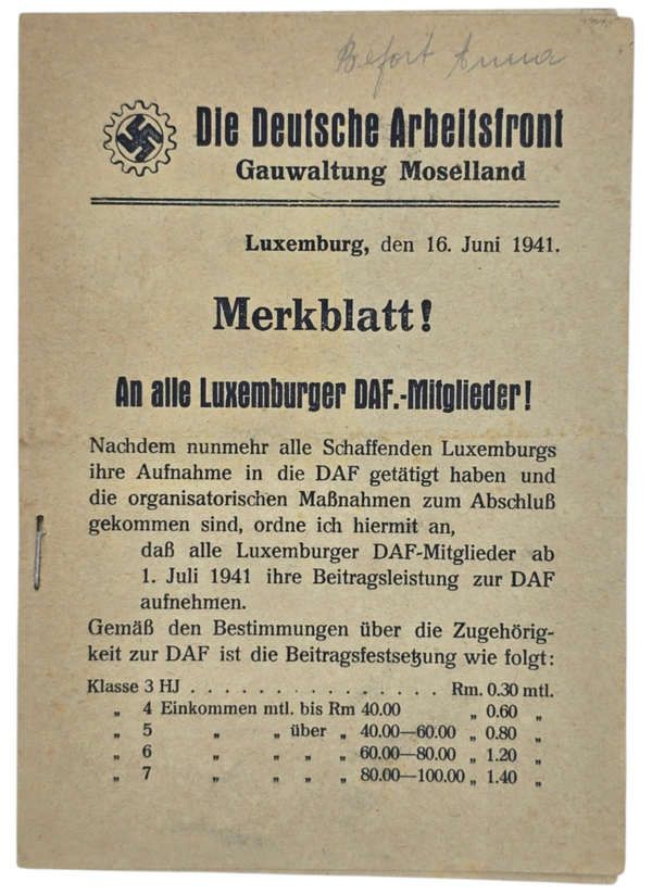 Original WW2 Luxembourg Collaboration DAF Document - Die Deutsche Arbeitsfront Gauwaltung Moselland, Luxemburg volunteers (1941)