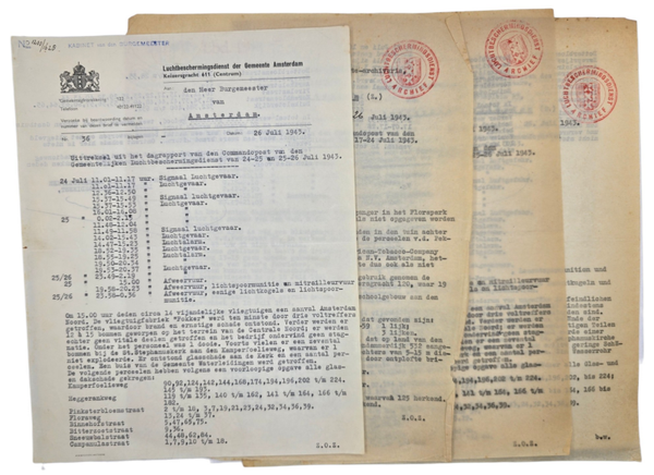 Original WW2 Dutch LBD Document - Luchtbeschermingsdienst End-of-day report airraids Amsterdam, Vliegtuigfabriek Fokker, 26th of July (1943)