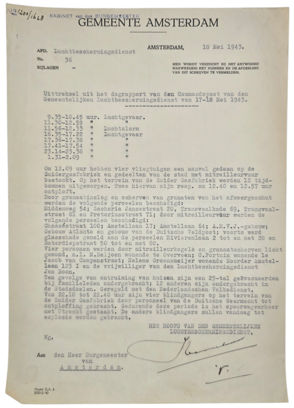 Original WW2 Dutch LBD Document - Luchtbeschermingsdienst End-of-day report airraids Amsterdam, Zuidergasfabriek, 17h of May (1943)