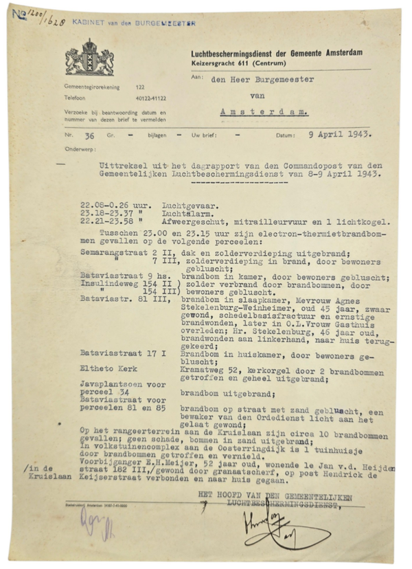 Original WW2 Dutch LBD Document - Luchtbeschermingsdienst End-of-day report airraids Amsterdam, 9th of April (1943)
