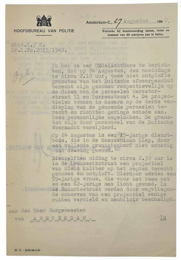 Original WW2 Dutch LBD Document - Luchtbeschermingsdienst End-of-day report wounded of German granade shells Amsterdam, 27th of August (1940)