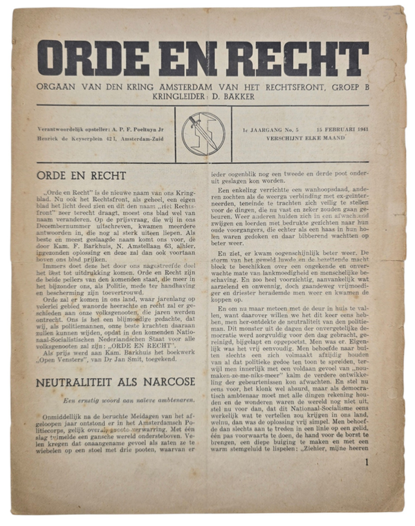 Original WW2 Dutch Collaboration NSB Newspaper - Orde en Recht, Rechtsfront Amsterdam (1941)