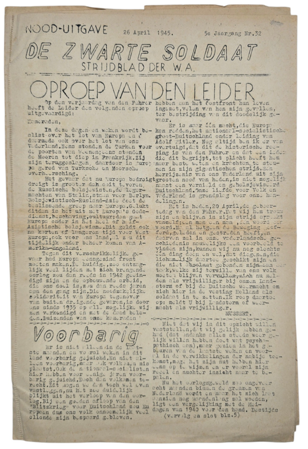 Original WW2 Dutch Collaboration NSB Newspaper - Zwarte Soldaat 5th Year No. 32 Nood-Uitgave, 26th of April (1945)