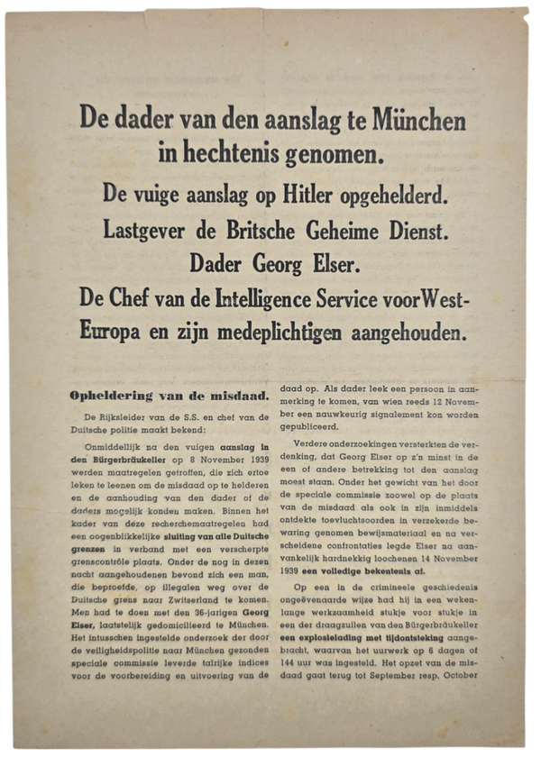 Original WW2 Dutch Document - German propaganda flyer about the failed assassination attempt on Adolf Hitler by Georg Elser in the Beer Hall, Munich (1939)