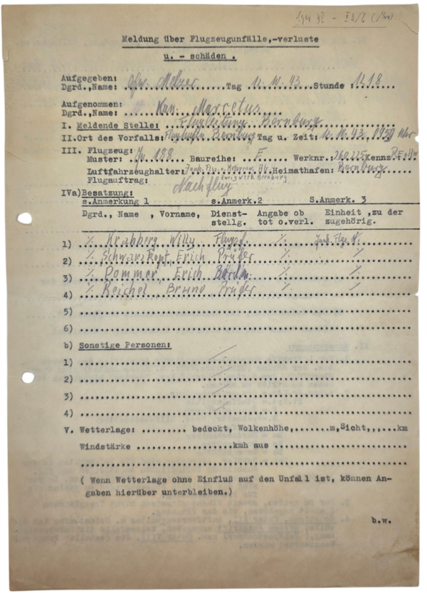 Original WW2 German Document - Loss report Junkers JU 188, Bernberg (1943)