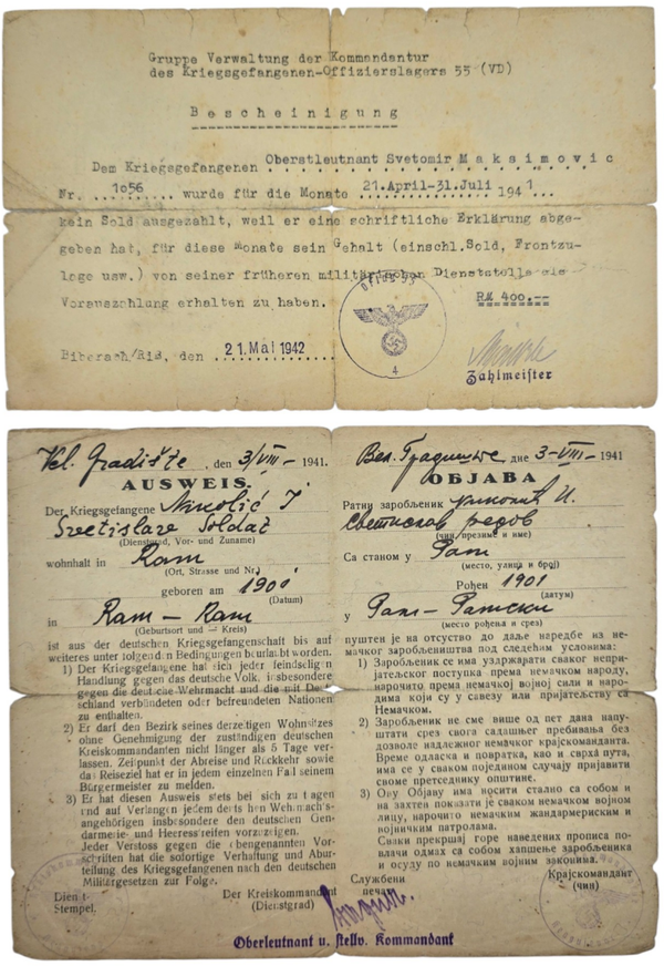 Original WW2 German Document - Ausweis & Bescheinigung Serbian POW soldier from Ram, Biberach (1942)