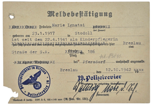 Original WW2 German Document - Meldebestätigung moving document Stodoll, Breslau, Pfersdorf (1942)
