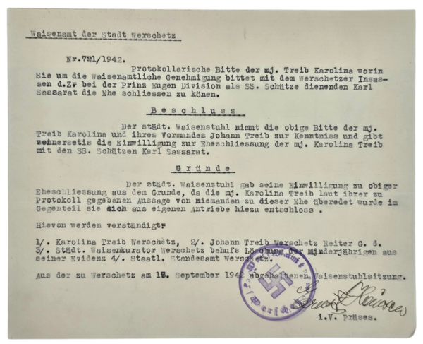 Original WW2 German Waffen SS Document - Marriage request orphan girl to a SS Schutze at the SS Prinz Eugen Division, Werschetz, Serbia (1942)