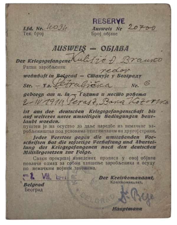 Original WW2 German Document - POW Kriegsgefangenen ausweis, Belgrad, Serbia (1941)
