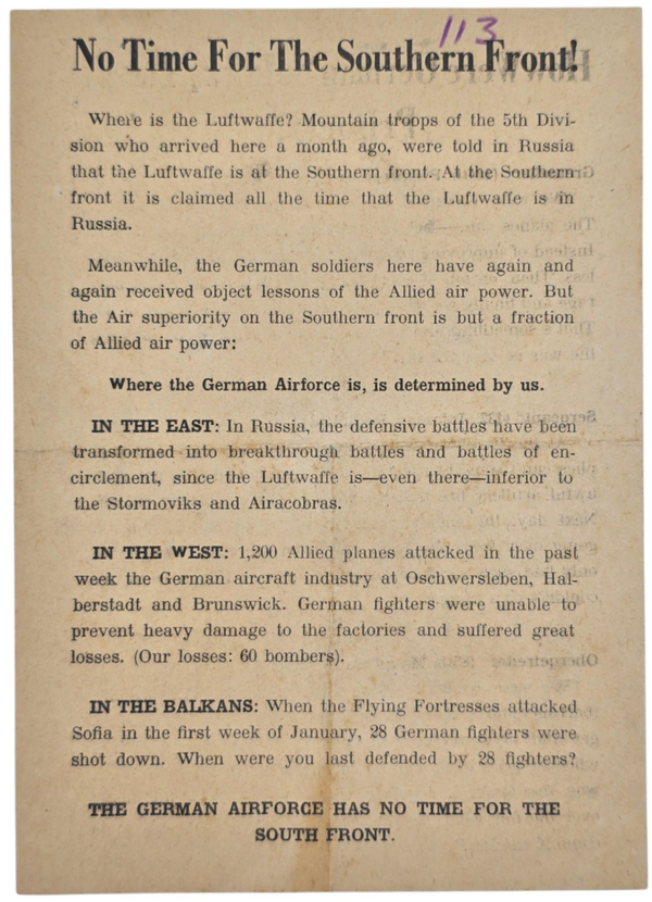 Origineel Wo2 British Leaflet - No Time For the Southern Front! (1944)