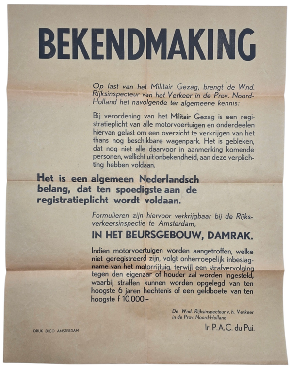 Original WW2 Dutch Liberation MG Poster - Militair Gezag vehicles register, Amsterdam (1945)