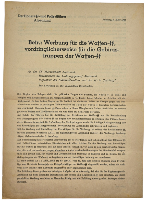 Original WW2 German Waffen SS Document - Werbung für die Waffen SS vordringlicherweise für die Gebirgs-truppen der Waffen SS, Alpenland, Salzburg (1942)