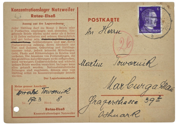 Original WW2 German Document - Konzentrationslager Natzweiler Rotau-Elsass postkarte, Natzweiler concentration camp letter (1943)