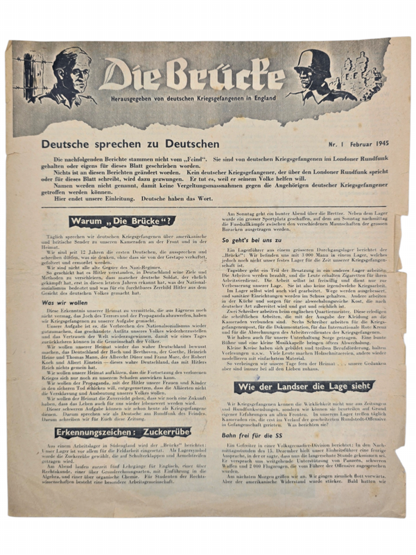 Original WW2 British Leaflet - B 151 Die Brücke, Herausgegeben von deutschen Kriegsgefangenen in England Nr. 1, Februar (1945)