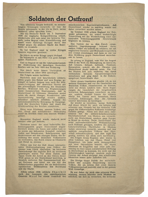 Original WW2 German Leaflet - Soldaten der Ostfront! Adolf Hitler (1941)