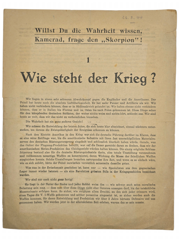 Original WW2 German Leaflet - Skorpion 1 Wie steht der Krieg (1944)