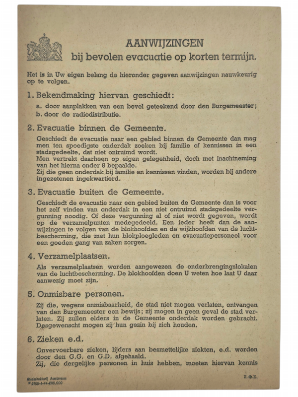 Original WW2 Dutch LBD Document - Luchtbeschermingsdienst Amsterdam evacuation instructions (1944)