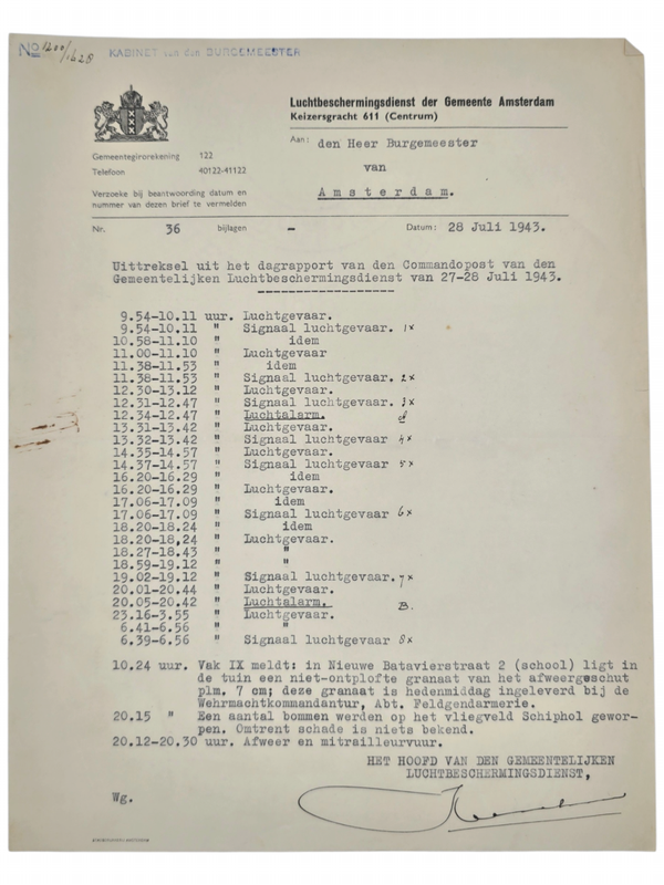 Original WW2 Dutch LBD Document - Luchtbeschermingsdienst End-of-day report airraids Amsterdam, 28th of July, Schiphol (1943)