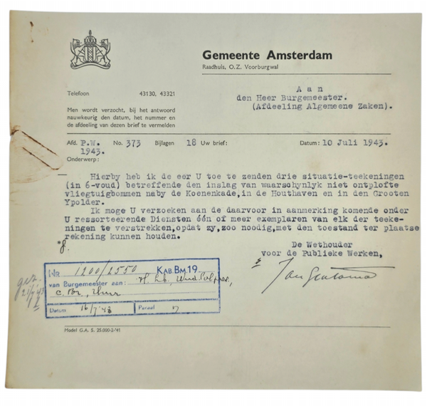 Original WW2 Dutch LBD Document - Luchtbeschermingsdienst End-of-day report airraids Amsterdam, 10th of July, Ijpolder (1943)