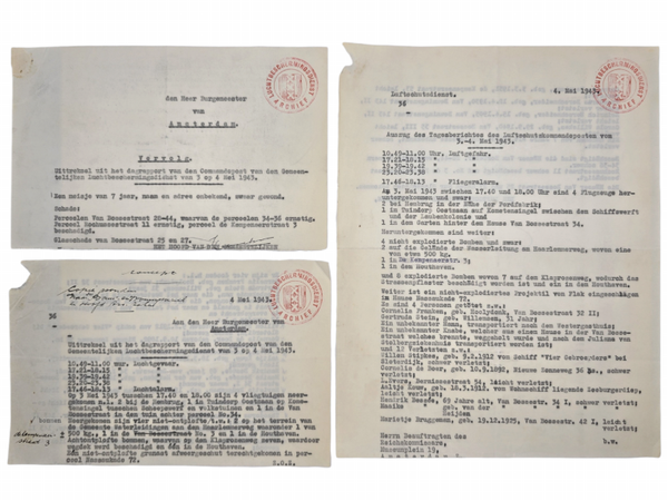 Original WW2 Dutch LBD Document - Luchtbeschermingsdienst End-of-day report airraids Amsterdam, 4th of May, Houthaven air raid, Hembrug, Oostzaan, Ford Fabriek (1943)