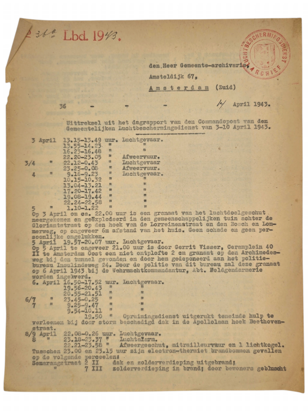 Original WW2 Dutch LBD Document - Luchtbeschermingsdienst End-of-day report airraids Amsterdam, 14th of April, air raid (1943)