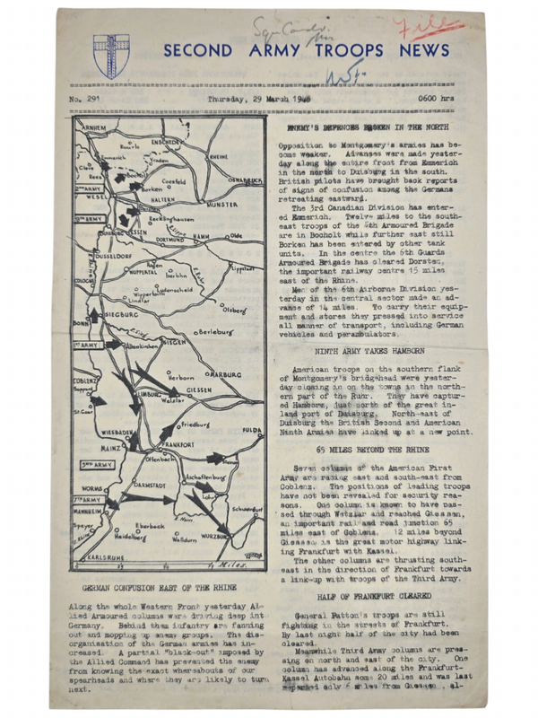 Original WW2 British Newspaper - Second Army Troops News, No. 291, 29th of March, Rhine front (1945)
