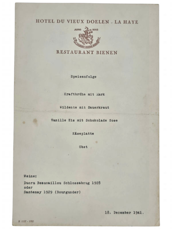 Original WW2 Dutch Document - Menu card Hotel du Vieux Doelen, The Hague, signed by German soldiers
