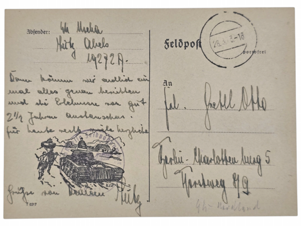 Original WW2 German Waffen SS Document - Feldpost card Regiment SS-Nordland SS-Panzergrenadier-Division Wiking (1942)