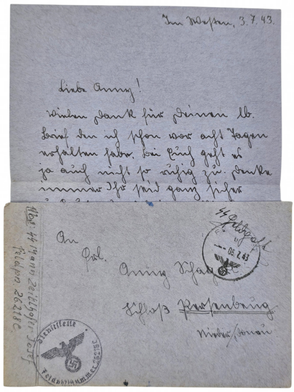 Original WW2 German Waffen SS Document - Feldpost letter SS Regiment Frundsberg Stab u. Einheit SS-Instandsetzungs-Abteilung (Division 10) (1943)