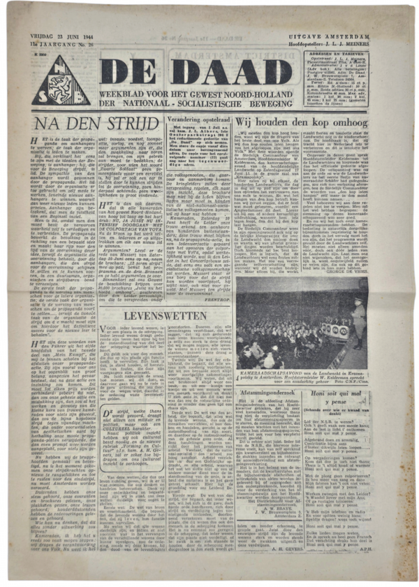Original WW2 Dutch Collaboration NSB Newspaper - De Daad Amsterdam 11th year No. 26 (1944)