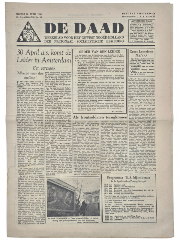 Original WW2 Dutch Collaboration NSB Newspaper - De Daad Amsterdam 11th year No. 18 (1944)