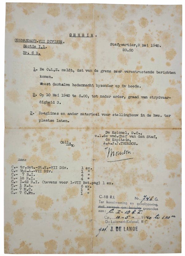 Original WW2 Dutch Document - Secret letter warning on the coming Blitzkrieg of the German troops on Holland, 10th of May! (1940)