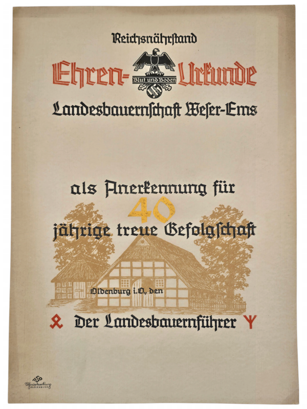 Original WW2 German Document - Ehrenurkunde Reichsnährstand Anerkennung für 40 järige treue Gefolgschaft, Oldenburg