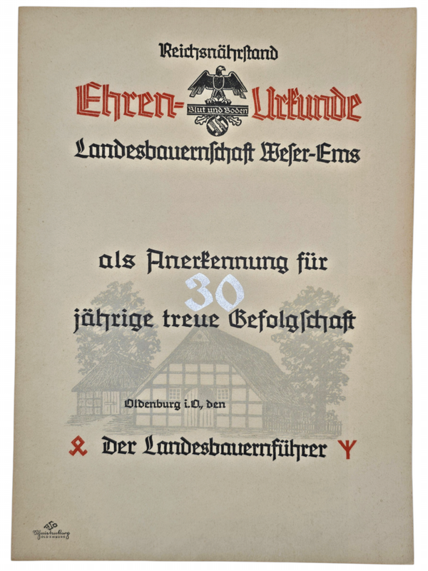 Original WW2 German Document - Ehrenurkunde Reichsnährstand Anerkennung für 30 järige treue Gefolgschaft, Oldenburg