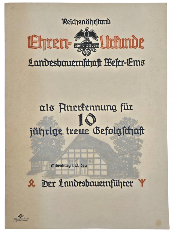 Original WW2 German Document - Ehrenurkunde Reichsnährstand Anerkennung für 10 järige treue Gefolgschaft, Oldenburg