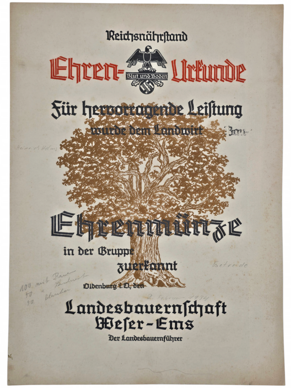 Original WW2 German Document - Ehrenurkunde Reichsnährstand Ehrenmünze Gruppe Oldenburg, Weser-Ems (1934)