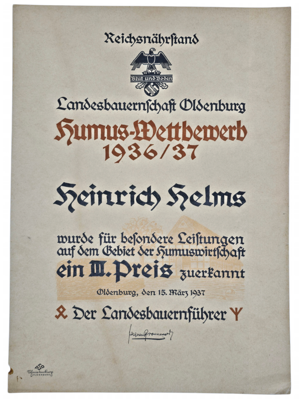 Original WW2 German Document - Reichsnährstand Humus Wettbewerb III Preis, Oldenburg (1937)