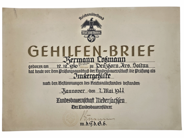 Original WW2 German Document - Reichsnährstand Gehilfenbrief Imkergehilfe Penzhorn, Soltau, Hannover, Niedersachsen (1944)
