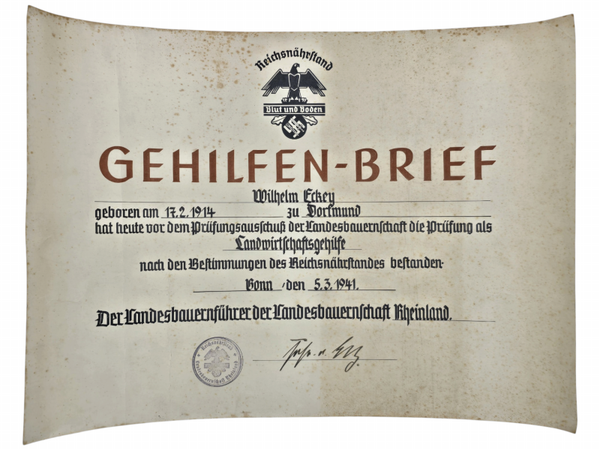 Original WW2 German Document - Reichsnährstand Gehilfenbrief Landwirtschaftsgehilfe, Dortmund, Bonn, Rheinland (1941)