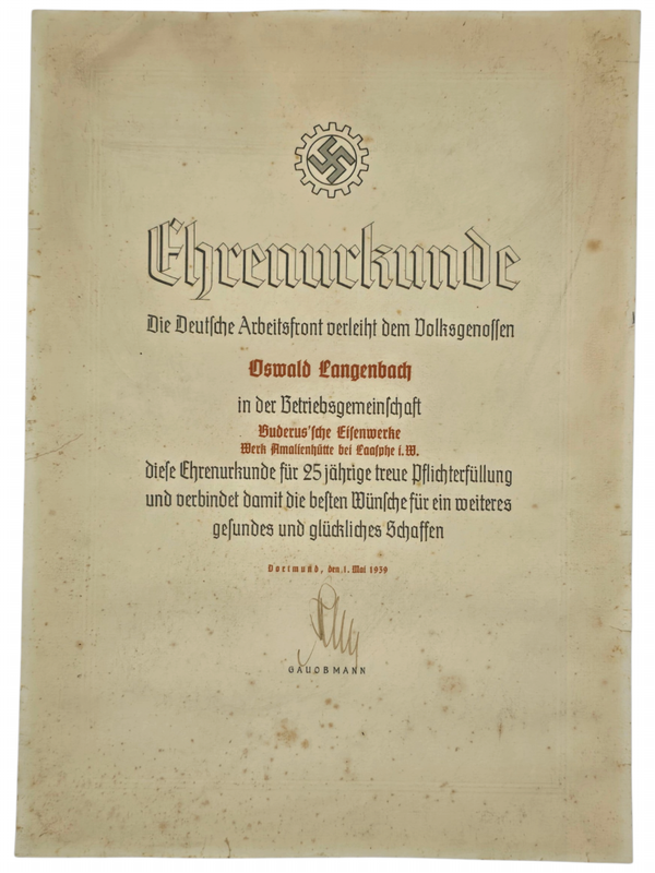 Original WW2 German DAF Document - Deutsche Arbeitsfront Ehrenurkunde 25 jährige treue Pflichtfüllung Eisenwerke Laasphe, Dortmund (1939)