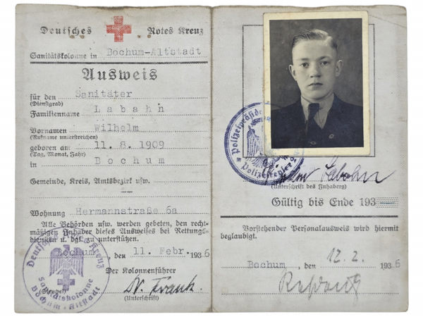 Original WW2 German Document - DRK Deutsches Rotes Kreuz Bochum Altstadt ausweis Sanitäter (1936)