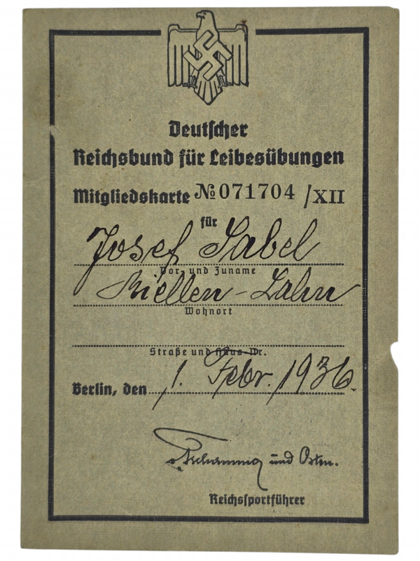 Original WW2 German Document - Deutscher Eeichsbund für Leibesübungen Mitgliedskarte Berlin, Miellen, Lahn (1936)