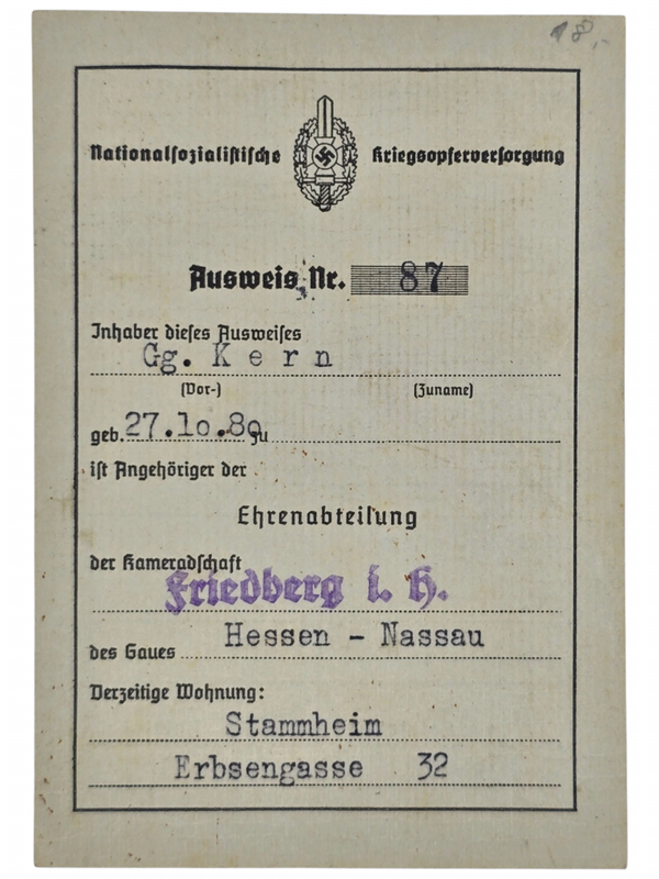 Original WW2 German Document - NSKOV Nationalsozialistische Kriegsopferversorgung Ausweis Friedberg Hessen Nassau (1942)