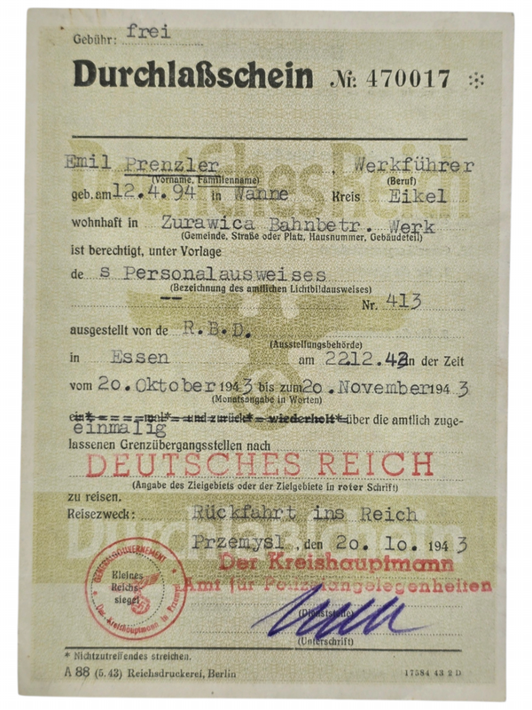 Original WW2 German Document - Deutsches Reich Durchlassschein, Wanne, Eikel, Essen, Przemysl (1943)
