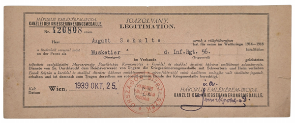 Original WW2 German Document - Hungarian WW1 medal Kriegserinnerungsmedaille Legitimation Infanterie Regiment 56, Wien, Vienna (1939)