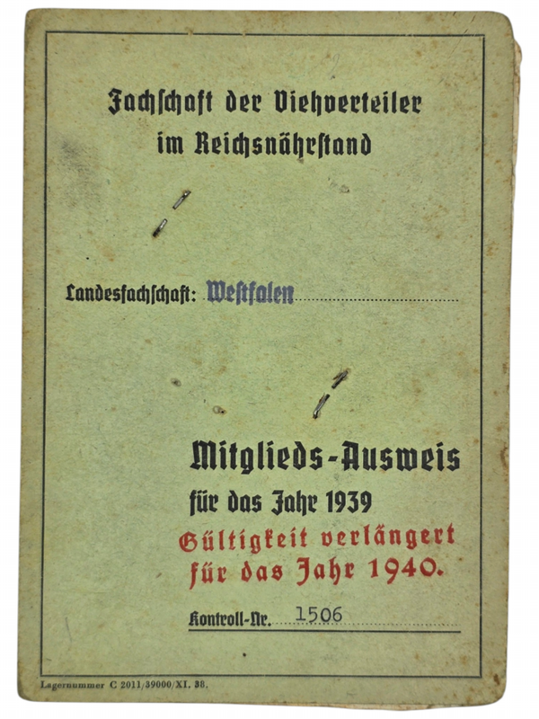 Original WW2 German Document - Reichsnährstand Mitglieds-Ausweis Westfalen, Unna-Königsborn (1938 1940)