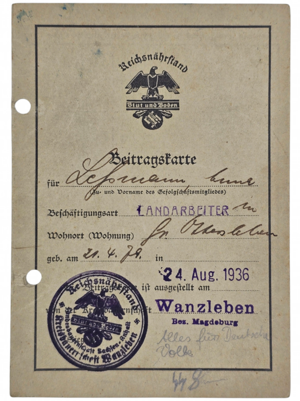 Original WW2 German Document - Reichsnährstand Beitragskarte Wanzleben, Magdeburg (1936)