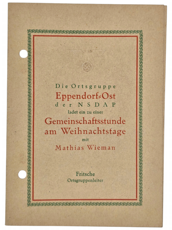 Original WW2 German Document - Gemeinschaftsstunde am Weihnachtstage, Ortsgruppe der NSDAP Eppendorf Ost, Christmas