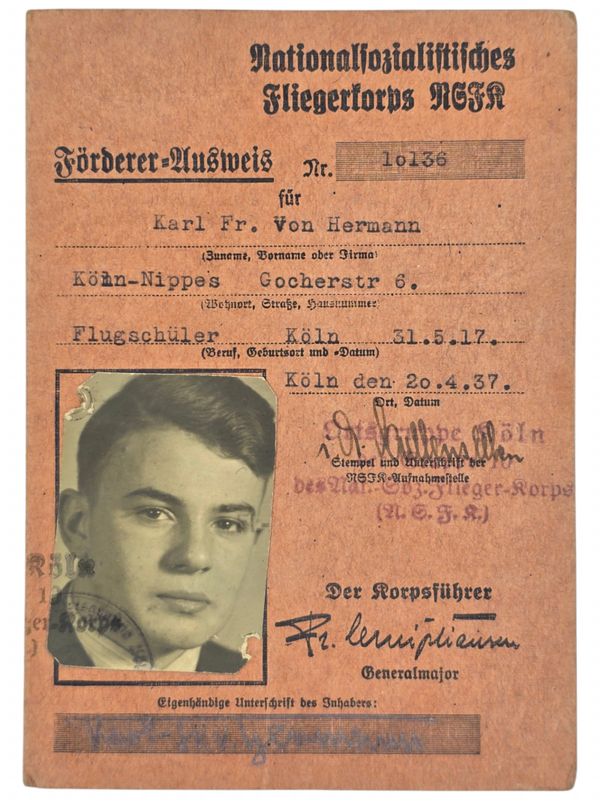 Original WW2 German NSFK Document - Nationalsozialistisches Fliegerkorps Förderer Ausweis, Köln Nippes (1937)